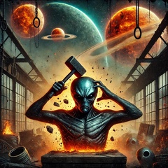 An angry alien flattening his own head with a hammer, with burning planets in the background. The setting is dystopian, with ruined structures and a d